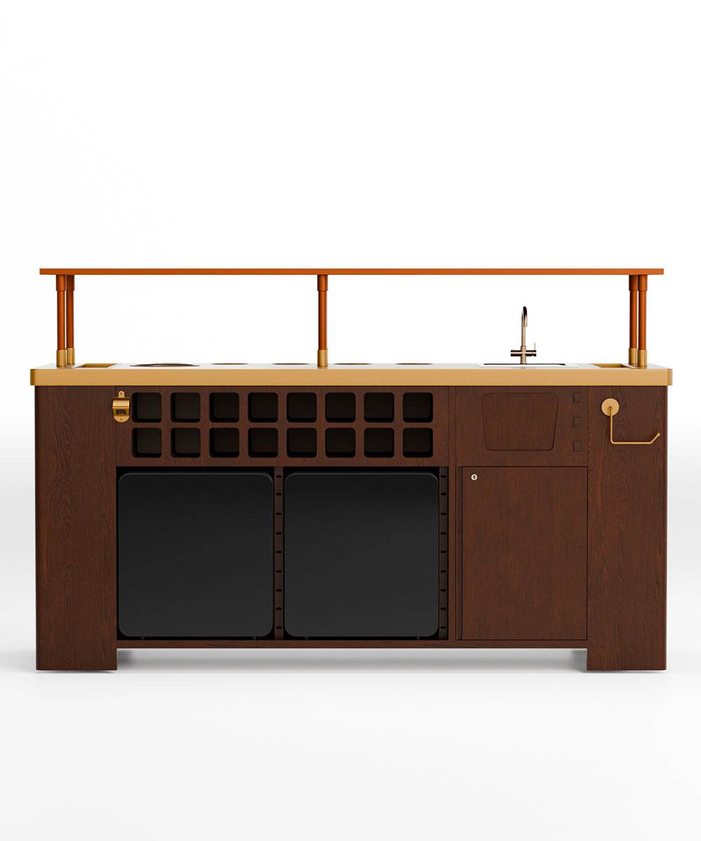 Double Model X Home Bar, Wooded Vinyl and Matt Gold Finish