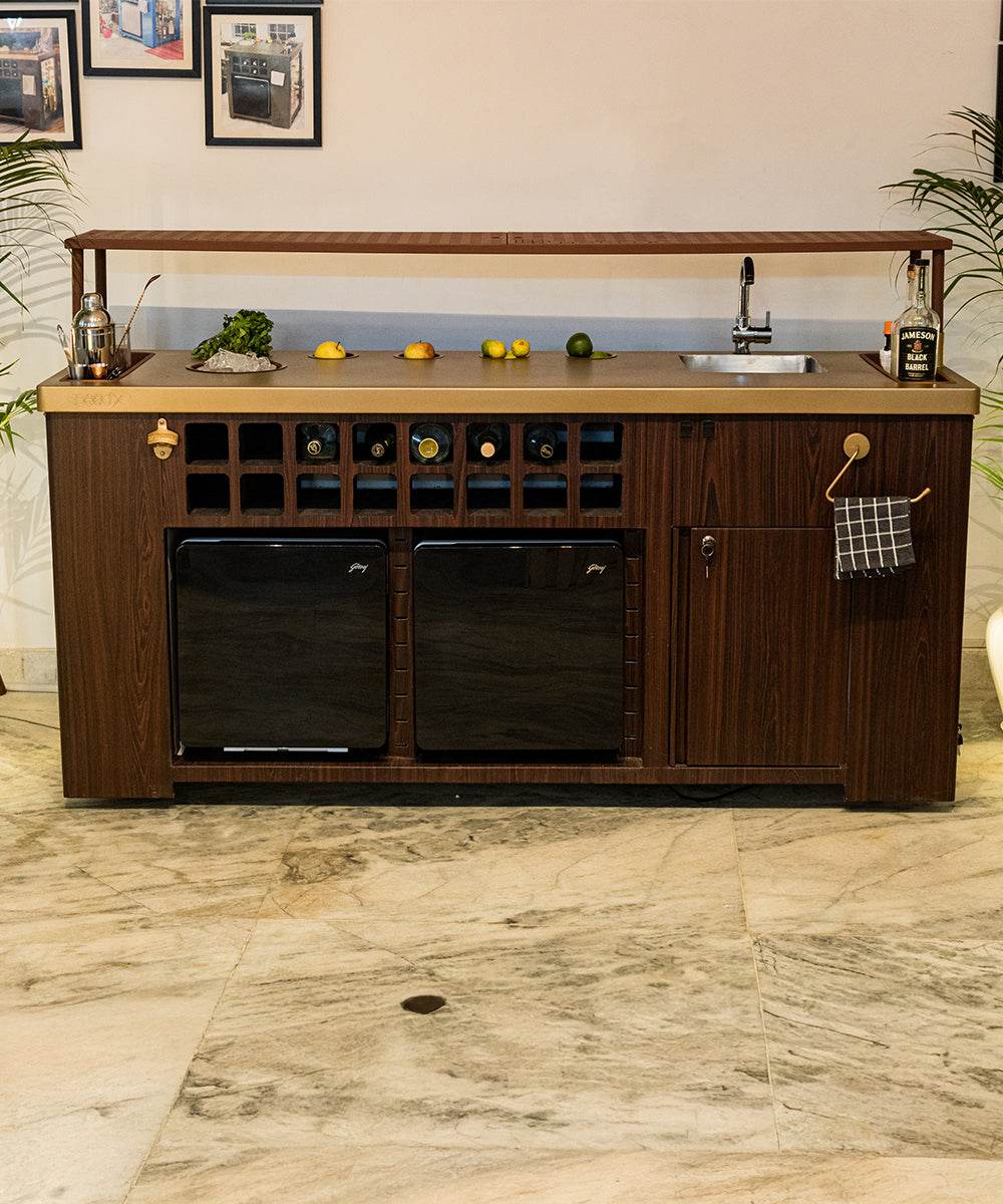 Double Model X Home Bar, Leather Vinyl & Matt Gold Finish
