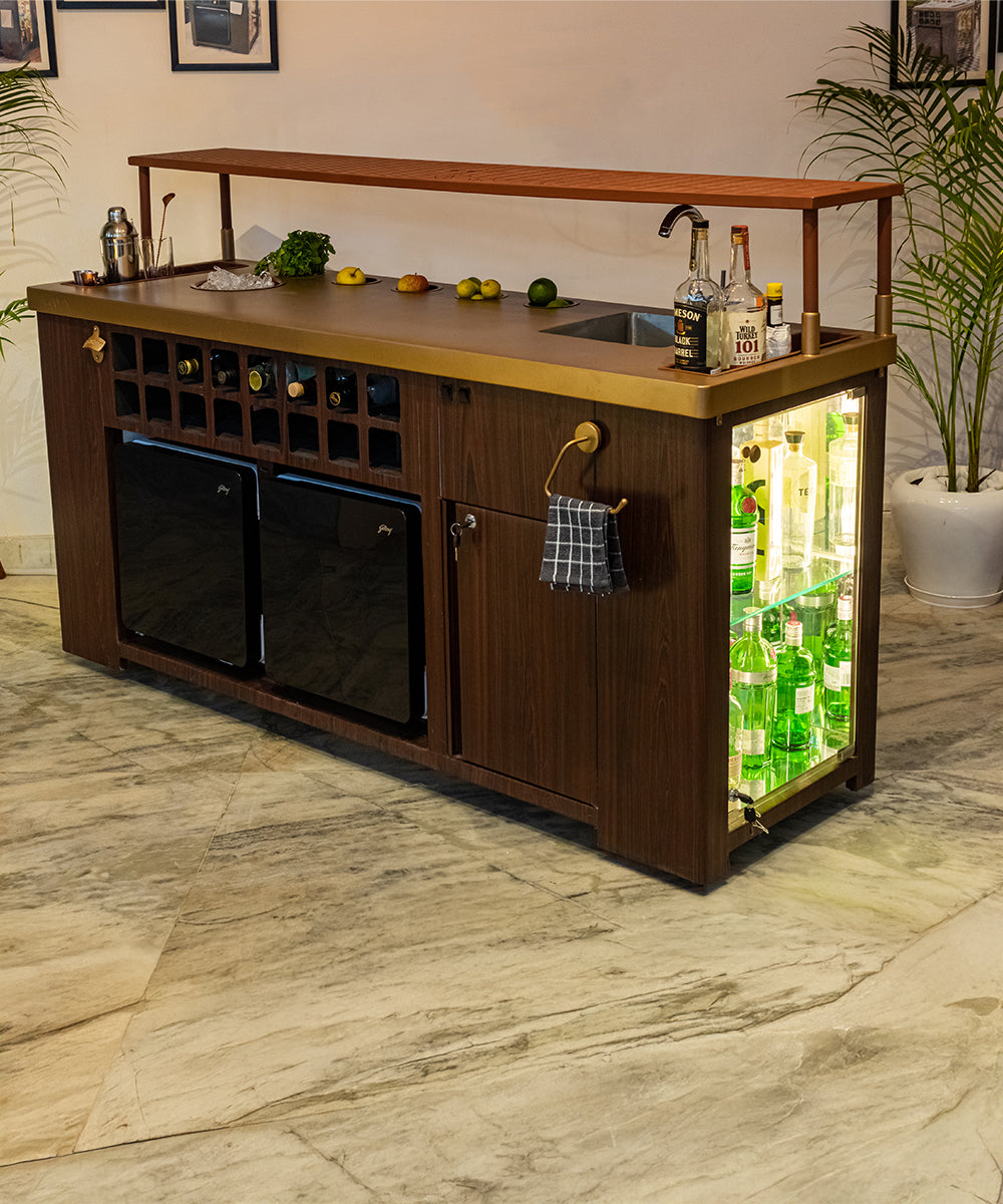 Double Model X Home Bar, Leather Vinyl & Matt Gold Finish