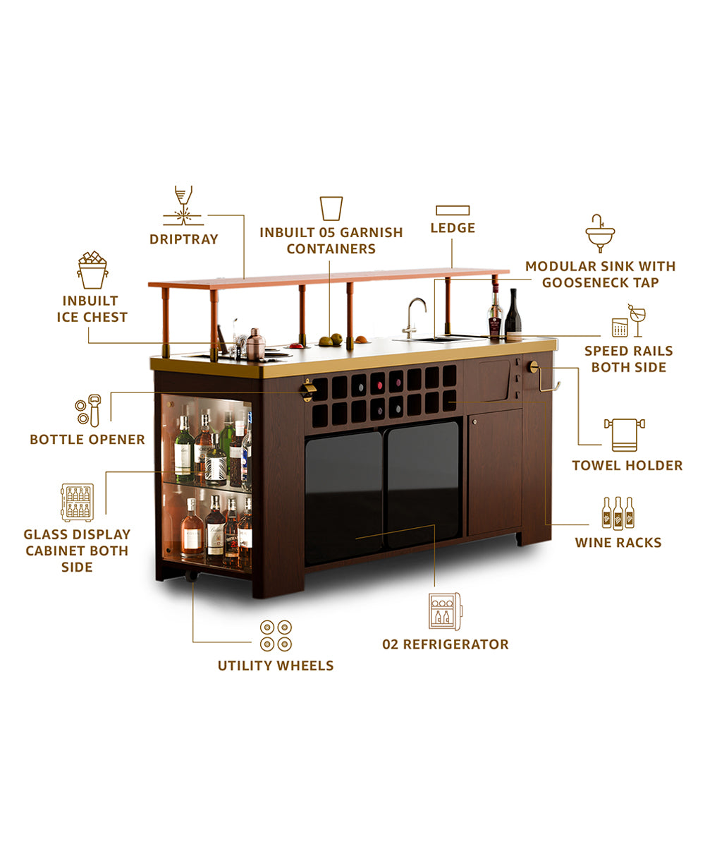 Double Model X Home Bar, Wooded Vinyl and Matt Gold Finish