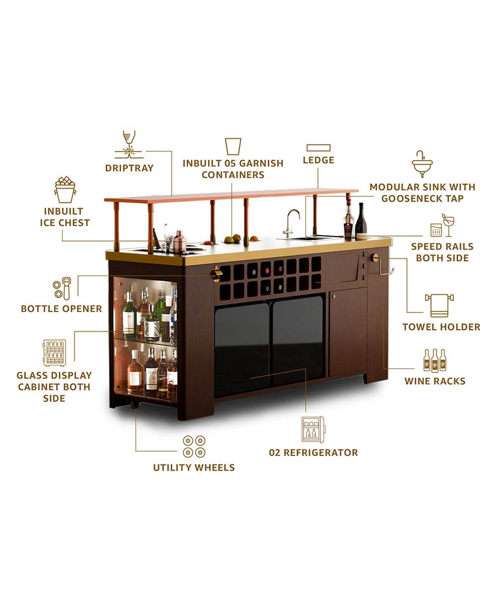 Double Model X Home Bar, Wooded Vinyl and Matt Gold Finish