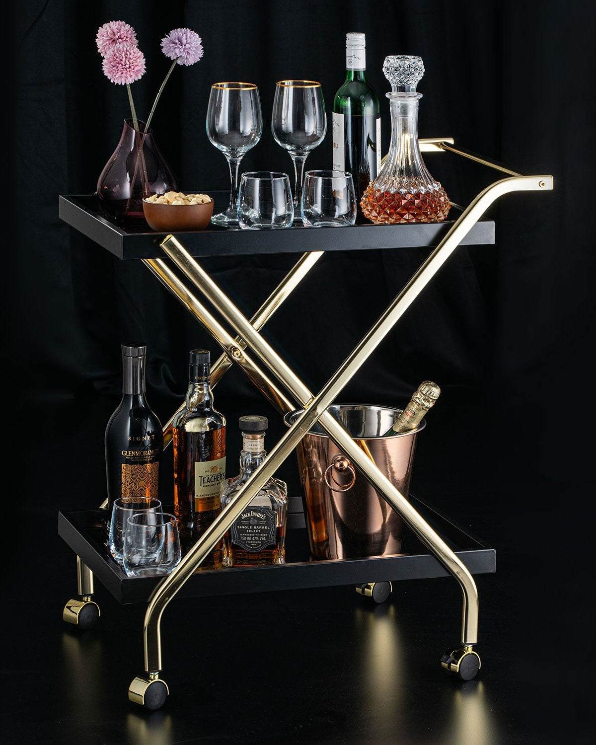 Elegant Black Glass trolley With Gold Steel Frame