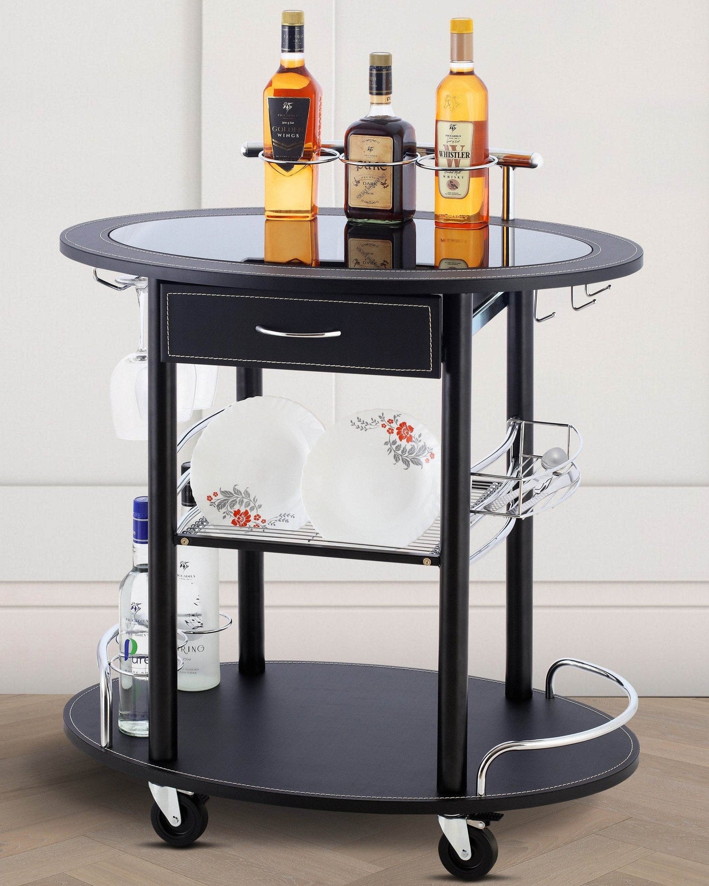 Wooden Leather Trolley With Metal Frame, Black