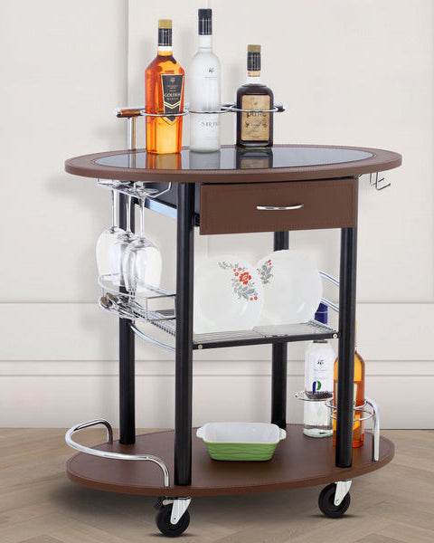 Wooden Leather Trolley With Metal Frame, Brown