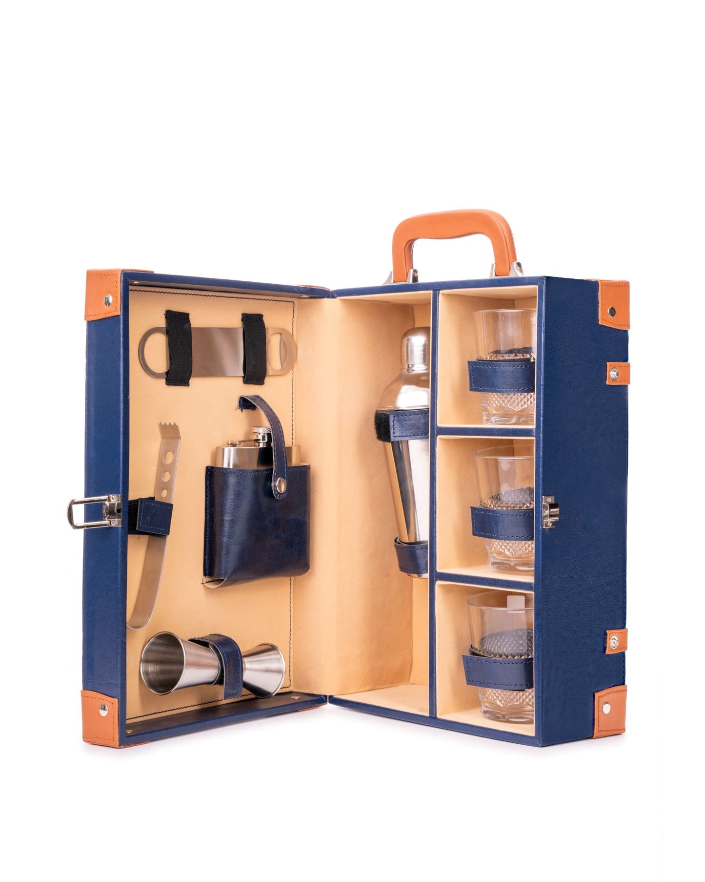 3 Glass Portable Bar Set, Blue & Tan