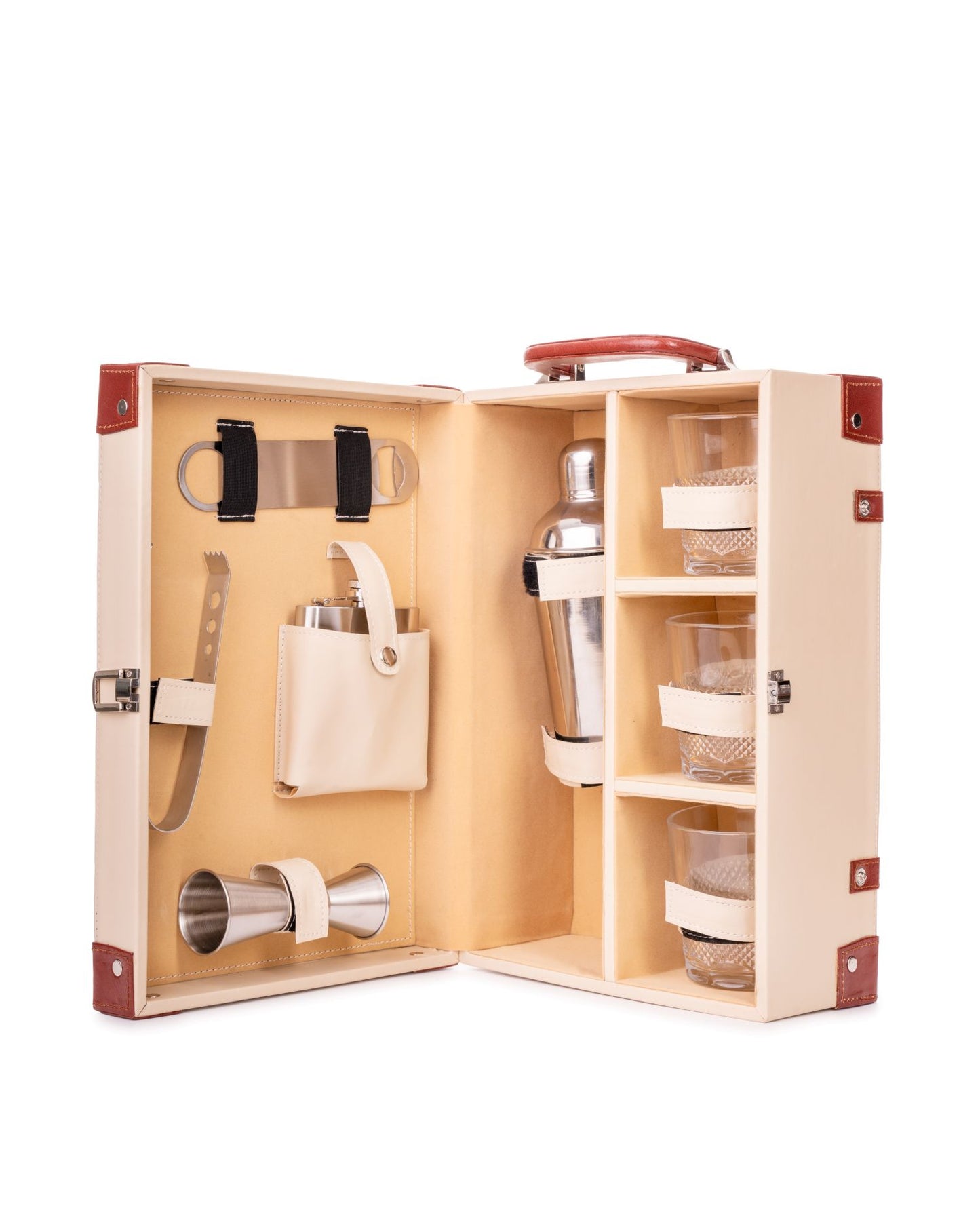 3 Glass Portable Bar Set, Beige & Brown