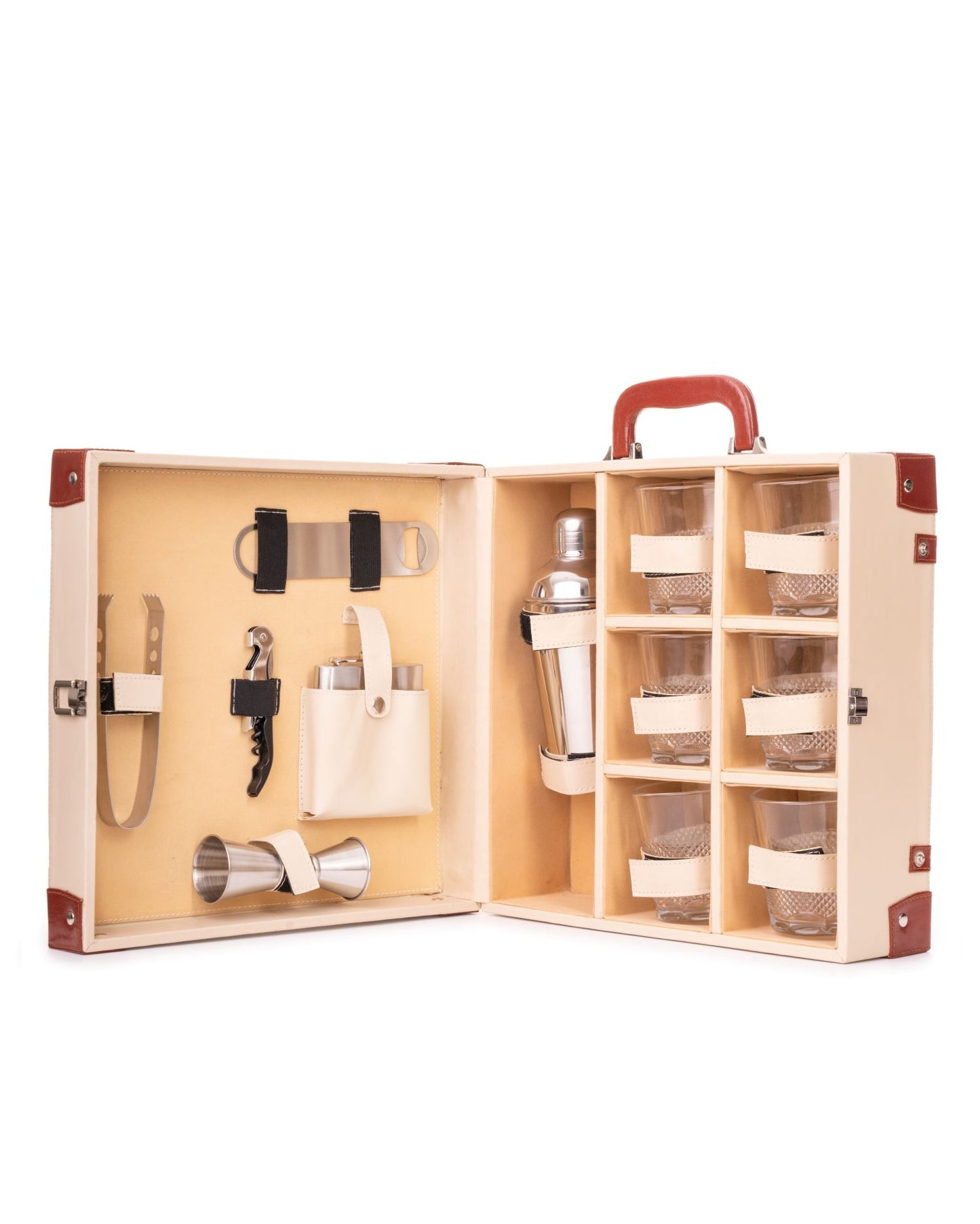 6 Glass Portable Bar Set, Beige & Brown