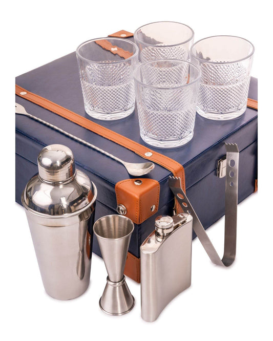 4 Glass Portable Bar Set, Blue & Tan
