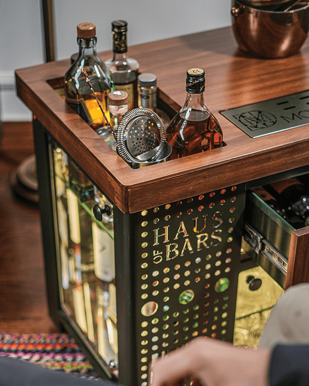 HAUS OF BARS Model M Mini Bar in Royal Green with Left Side Display Cabinet