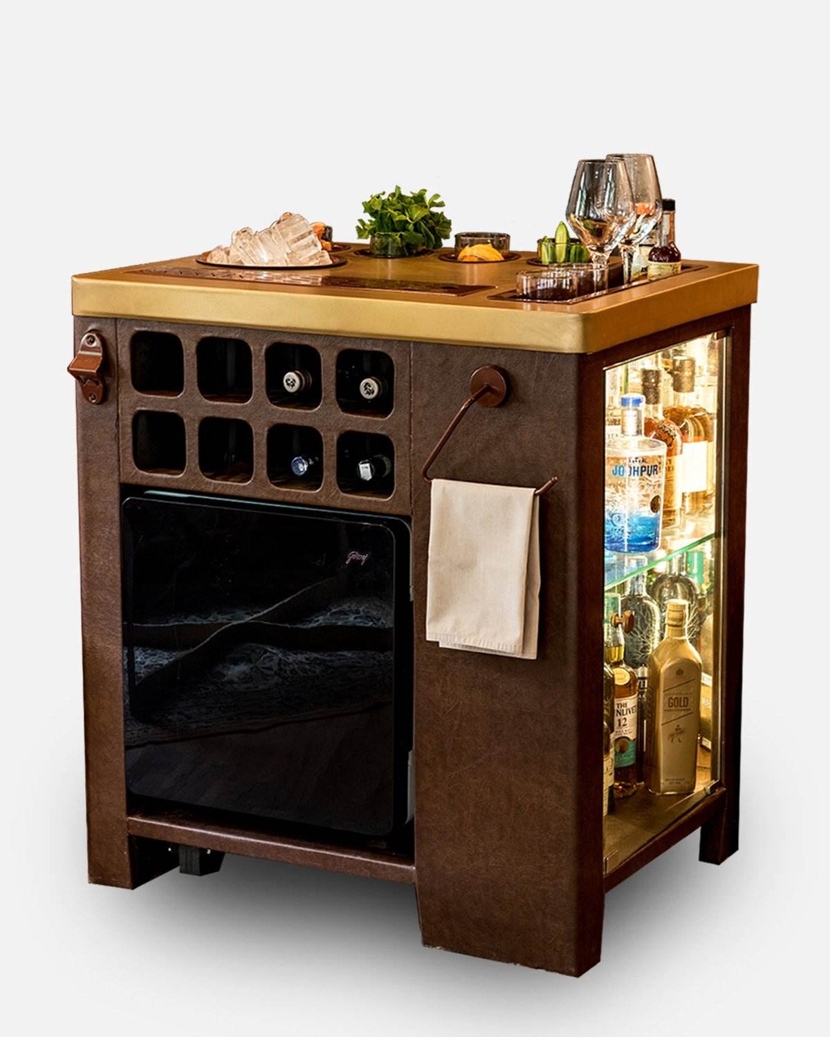Model X Home Bar, Dark Leather & Matt Gold Finish