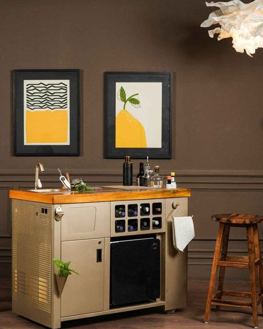 HAUS OF BARS Model Z Home Bar with Wooden Top and Gold Lattice design