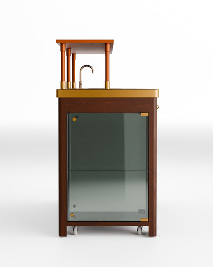 Double Model X Home Bar, Wooded Vinyl and Matt Gold Finish