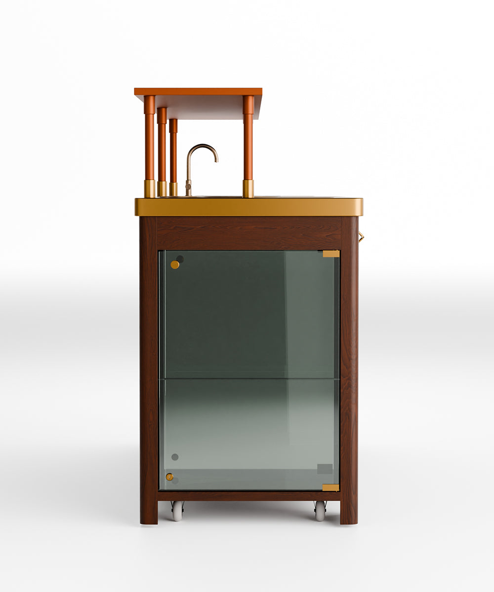 Double Model X Home Bar, Wooded Vinyl and Matt Gold Finish