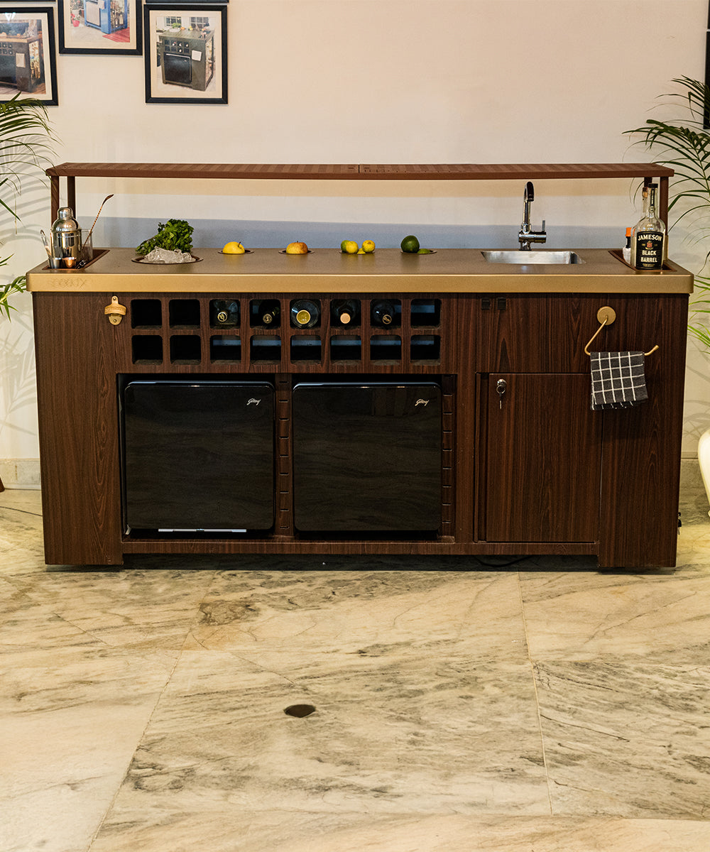 Double Model X Home Bar, Leather Vinyl & Matt Gold Finish