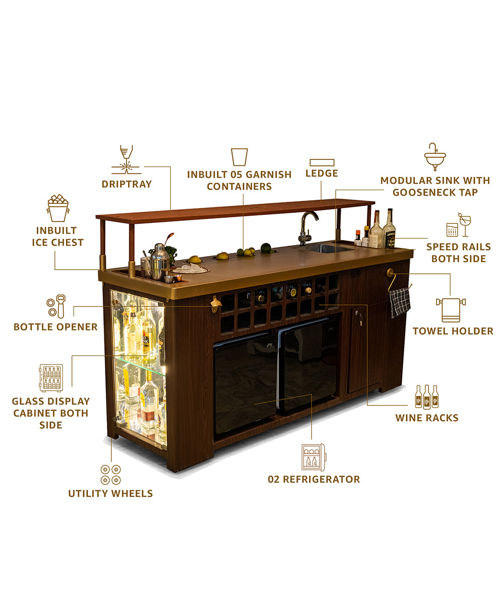 Double Model X Home Bar, Leather Vinyl & Matt Gold Finish