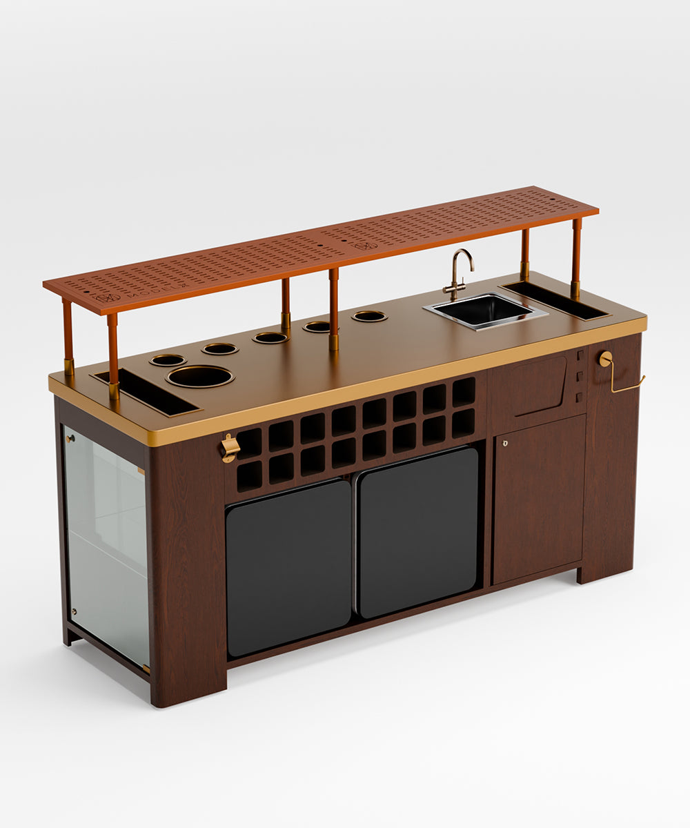 Double Model X Home Bar, Wooded Vinyl and Matt Gold Finish