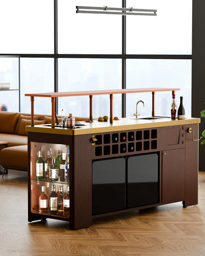 Double Model X Home Bar, Wooded Vinyl and Matt Gold Finish
