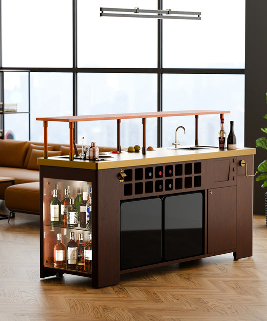Double Model X Home Bar, Wooded Vinyl and Matt Gold Finish