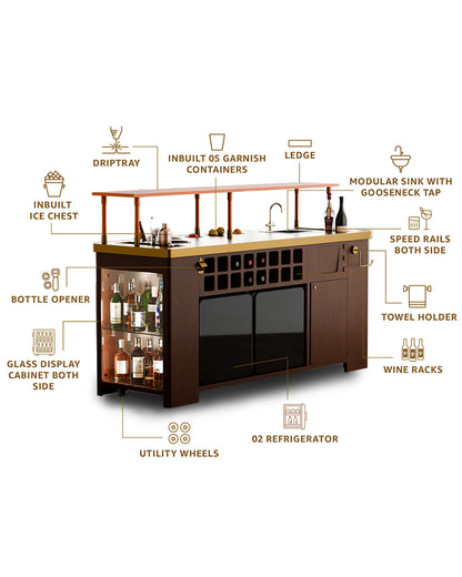 Double Model X Home Bar, Wooded Vinyl and Matt Gold Finish