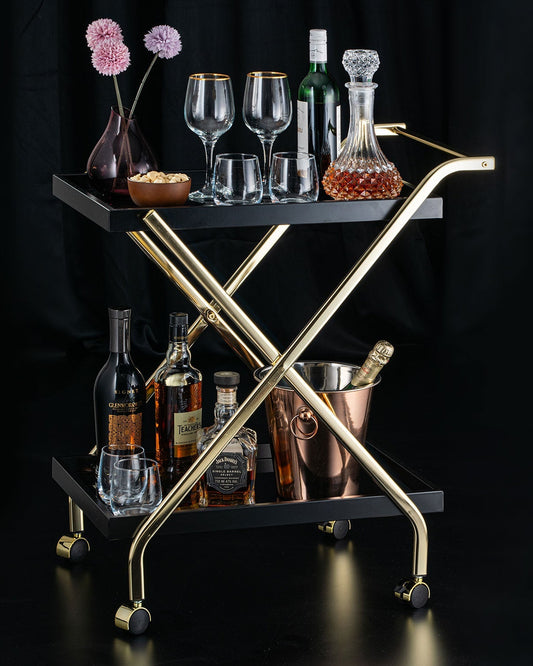 Elegant Black Glass trolley With Gold Steel Frame