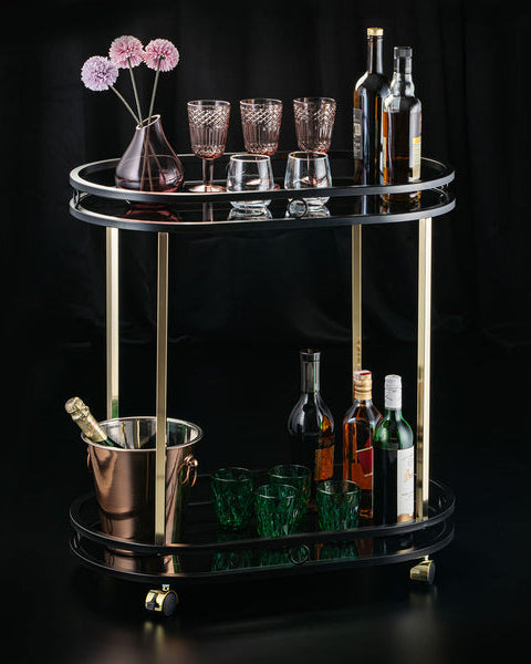 Sleek Black Serving Cart With Gold Trim
