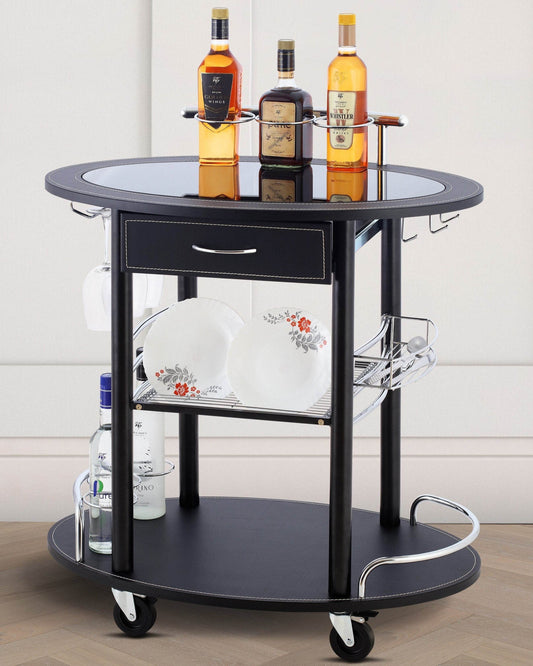 Wooden Leather Trolley With Metal Frame, Black