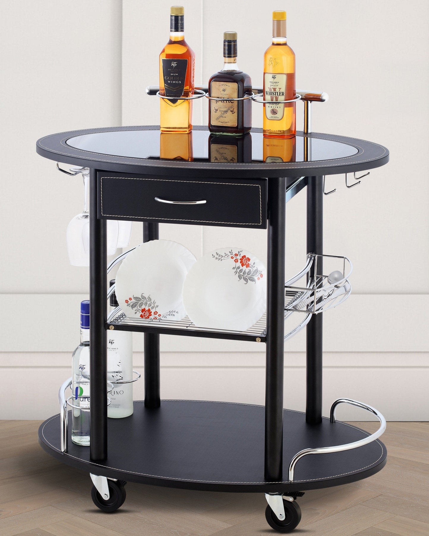 Wooden Leather Trolley With Metal Frame, Black