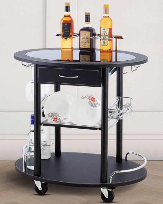Wooden Leather Trolley With Metal Frame, Black