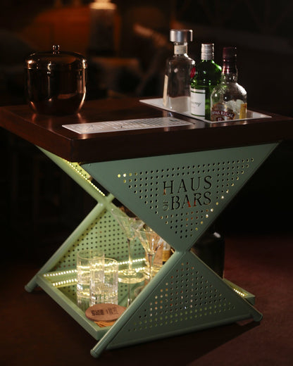 Model J Mini Home Bar Table With Wooden Top, Mint Green & Gold Lattice Finish