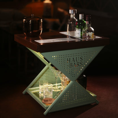 Model J Mini Home Bar Table With Wooden Top, Mint Green & Gold Lattice Finish