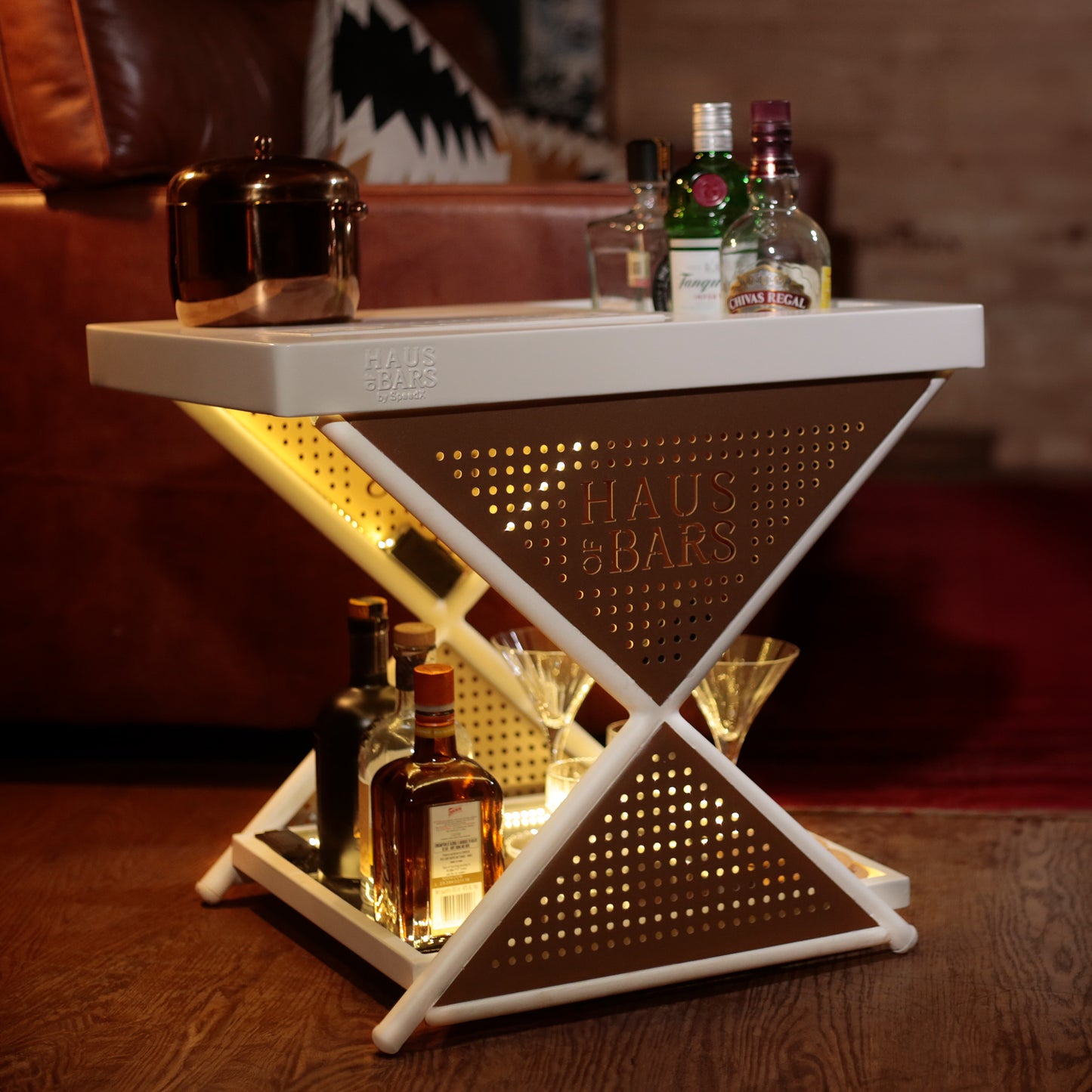 Model J Mini Home Bar Table, Matte White & Gold Lattice Finish