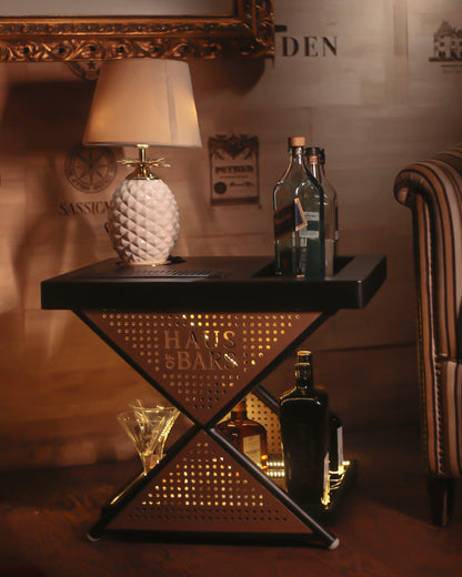 Model J Mini Home Bar Table, Matte Black & Gold Lattice Finish