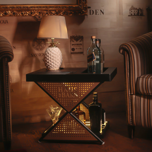 Model J Mini Home Bar Table, Matte Black & Gold Lattice Finish