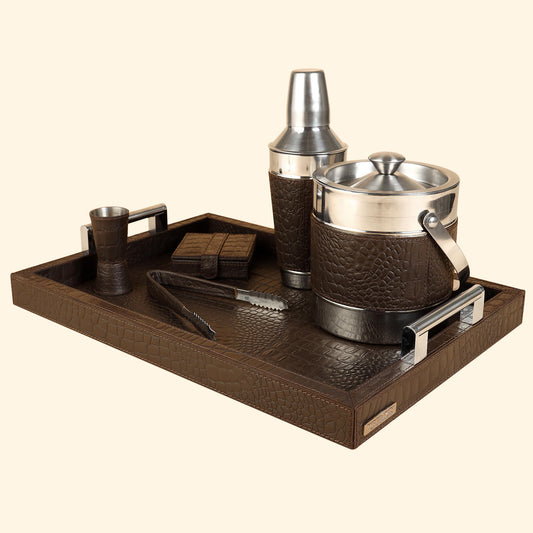 Cocktail Set with Tray, Brown and Silver