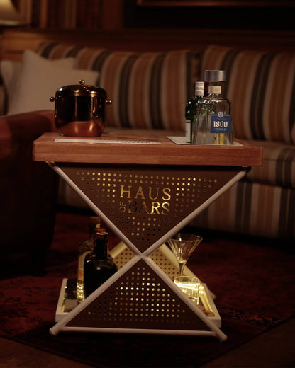 Model J Mini Home Bar Table With Wooden Top, Matte White & Gold Lattice Finish