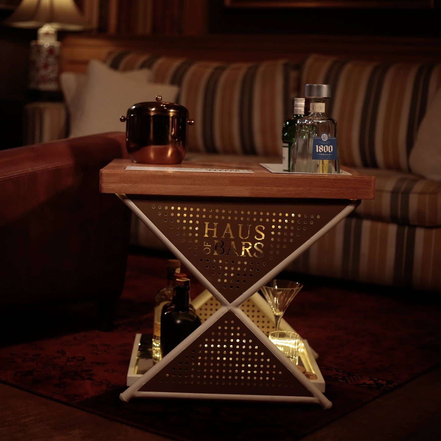 Model J Mini Home Bar Table With Wooden Top, Matte White & Gold Lattice Finish