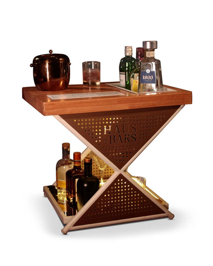 Model J Mini Home Bar Table With Wooden Top, Matte White & Gold Lattice Finish