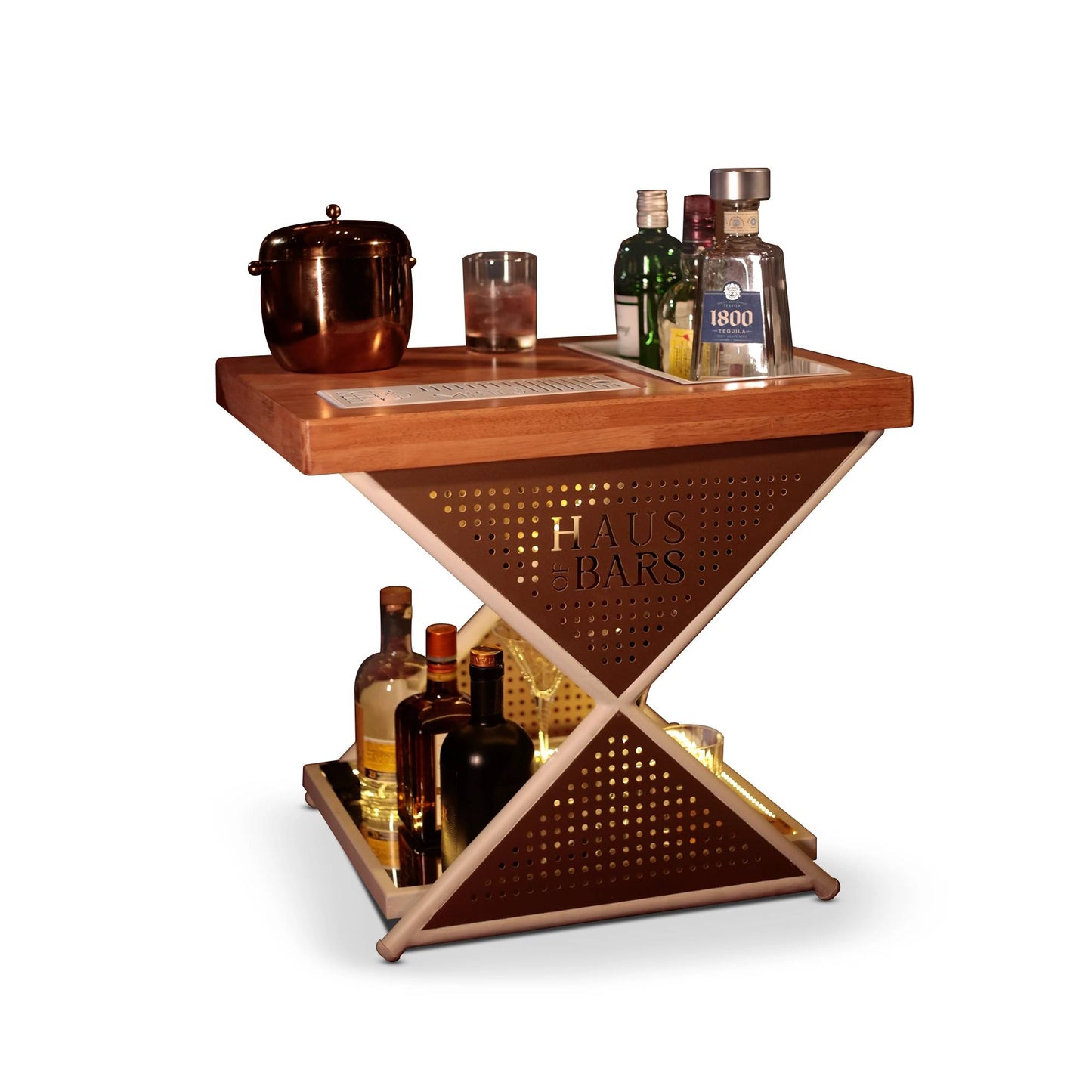 Model J Mini Home Bar Table With Wooden Top, Matte White & Gold Lattice Finish