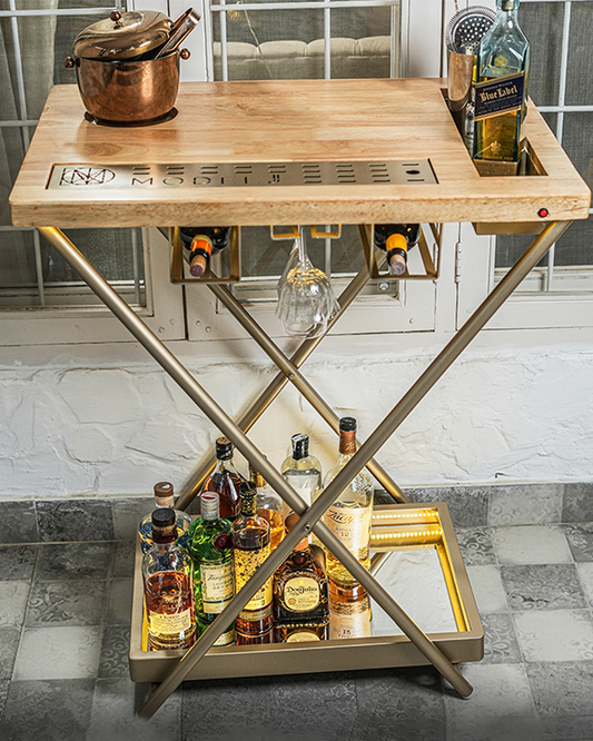 Model J - Matte Gold with Wooden top, Foldable Bar Table