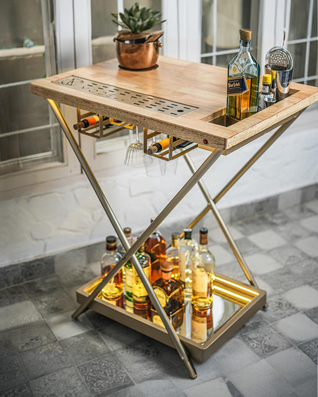 Model J - Matte Gold with Wooden top, Foldable Bar Table