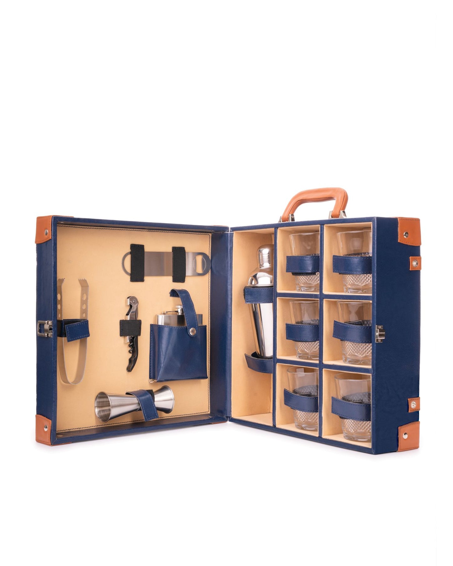 6 Glass Portable Bar Set, Blue & Tan