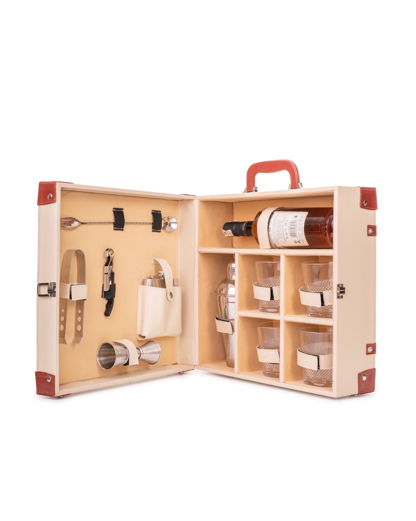 4 Glass Portable Bar Set, Beige & Brown