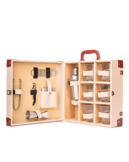 6 Glass Portable Bar Set, Beige & Brown