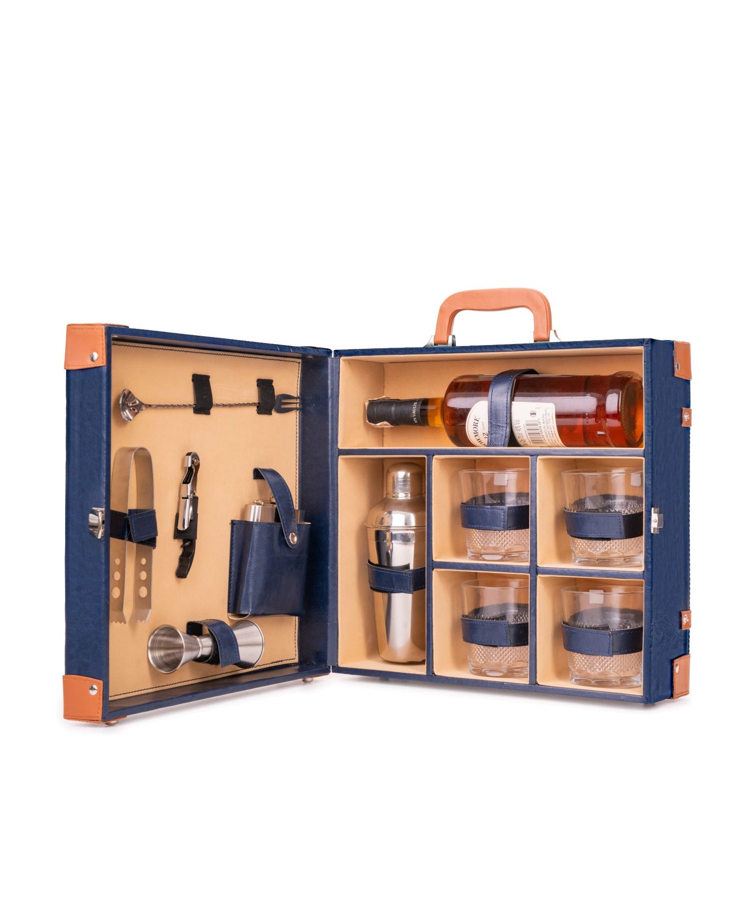 4 Glass Portable Bar Set, Blue & Tan