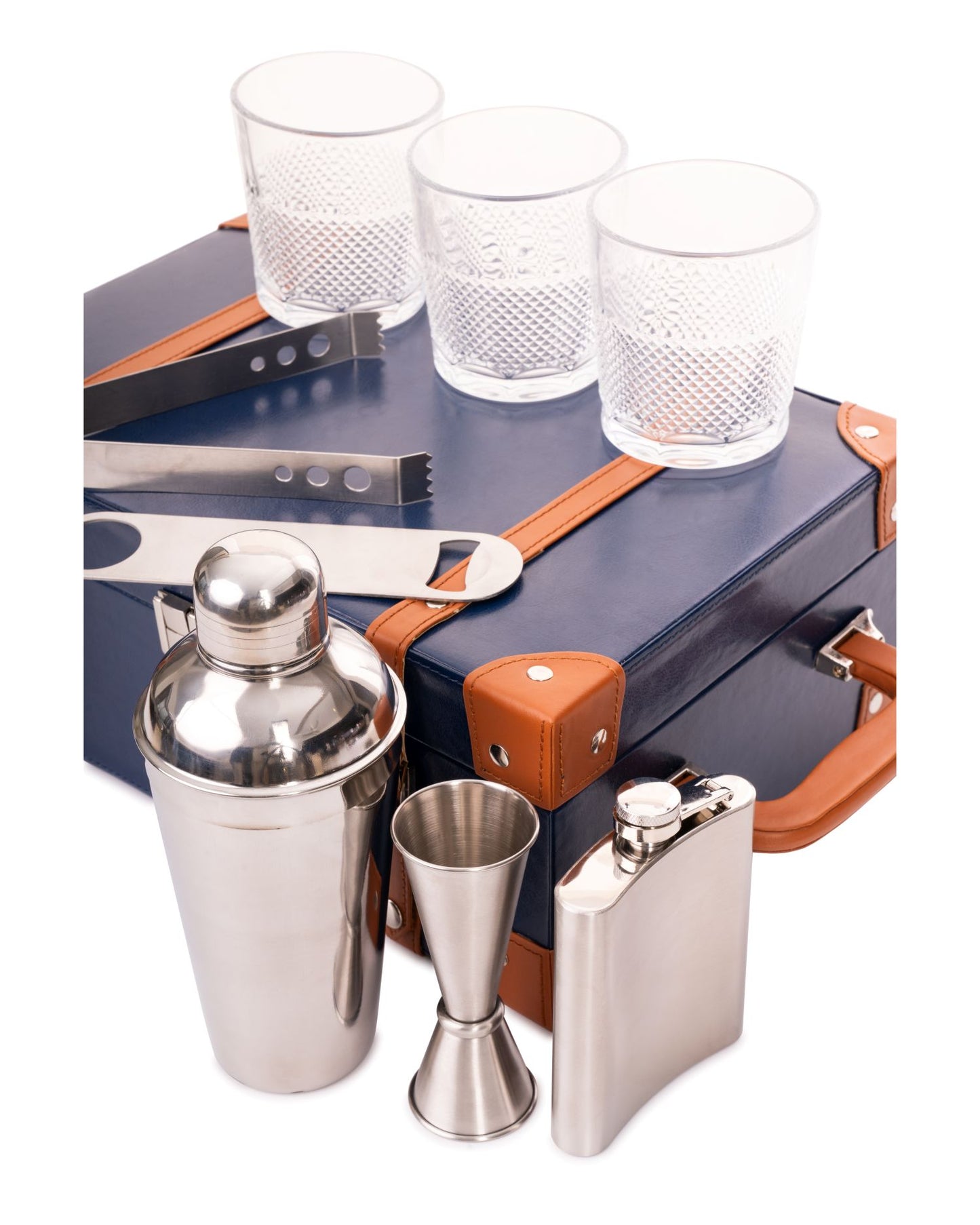 3 Glass Portable Bar Set, Blue & Tan