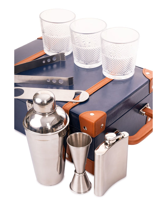 3 Glass Portable Bar Set, Blue & Tan