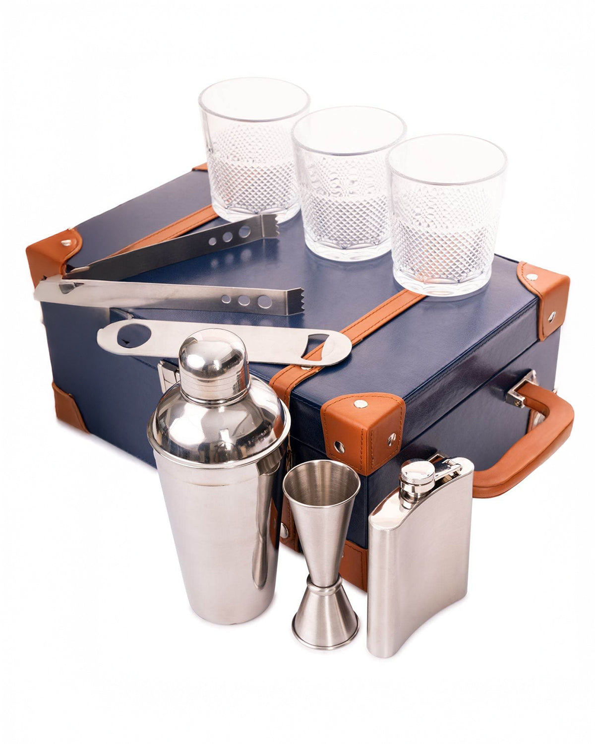 3 Glass Portable Bar Set, Blue & Tan