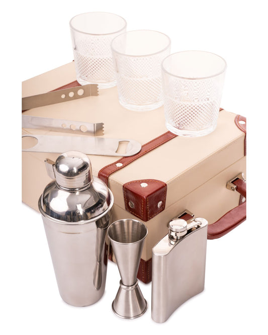 3 Glass Portable Bar Set, Beige & Brown
