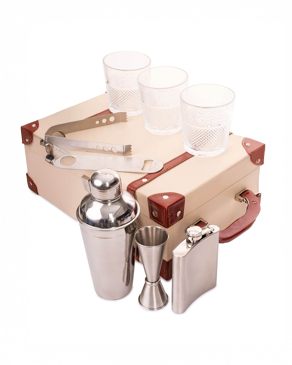 3 Glass Portable Bar Set, Beige & Brown