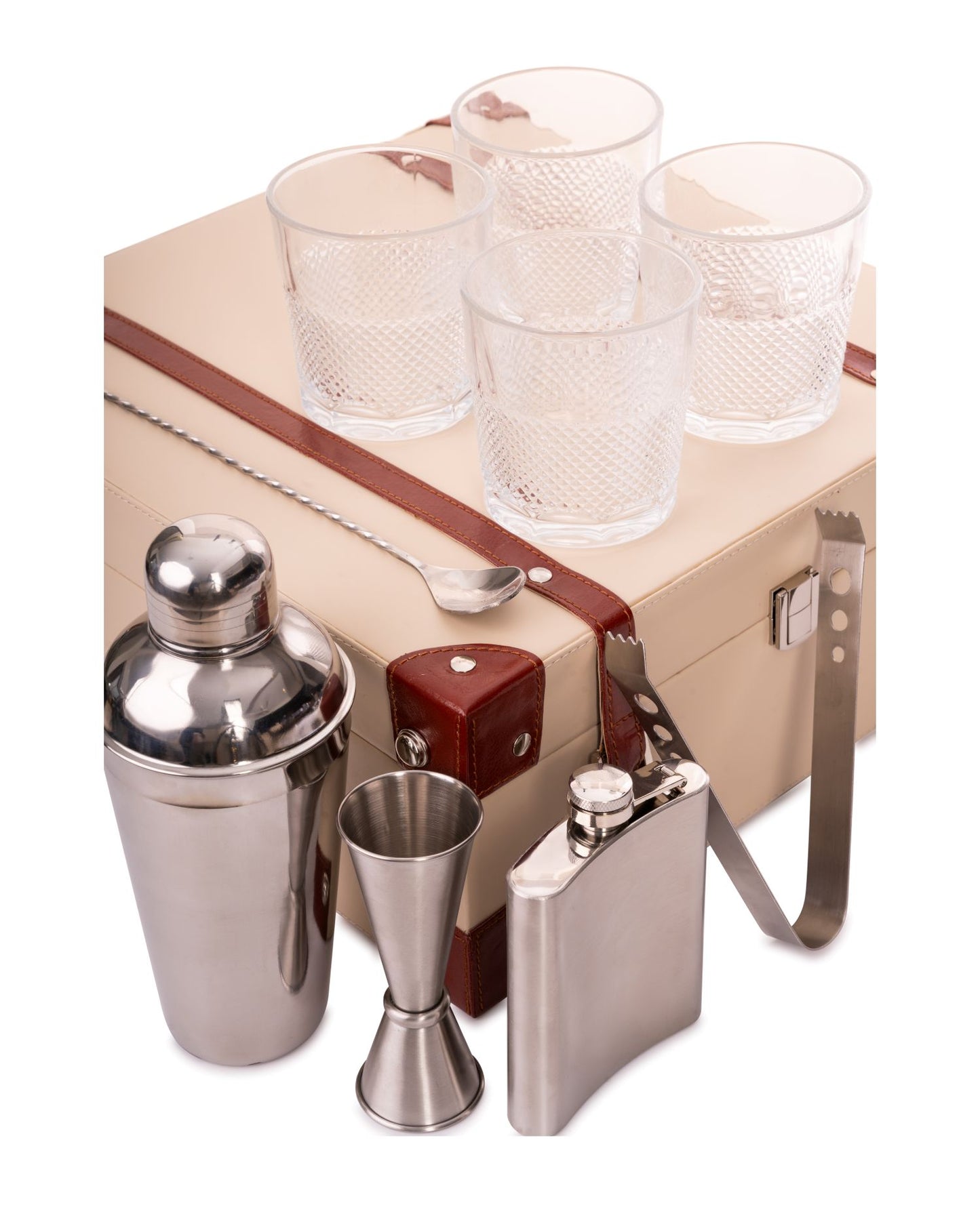 4 Glass Portable Bar Set, Beige & Brown